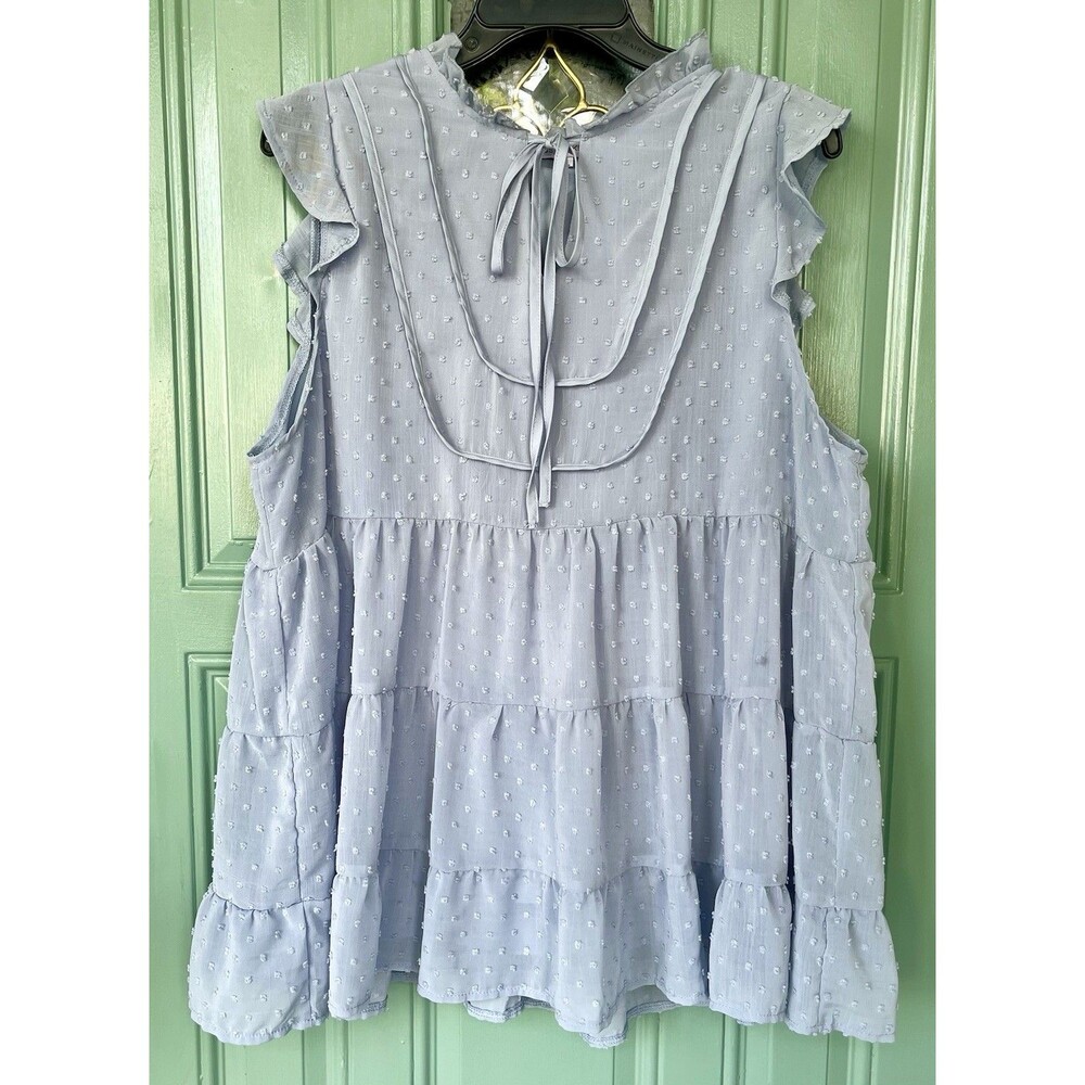 Miss Sparkling Periwinkle Blue SzXL Swiss Dot Ruffle Tiered Babydoll Blouse